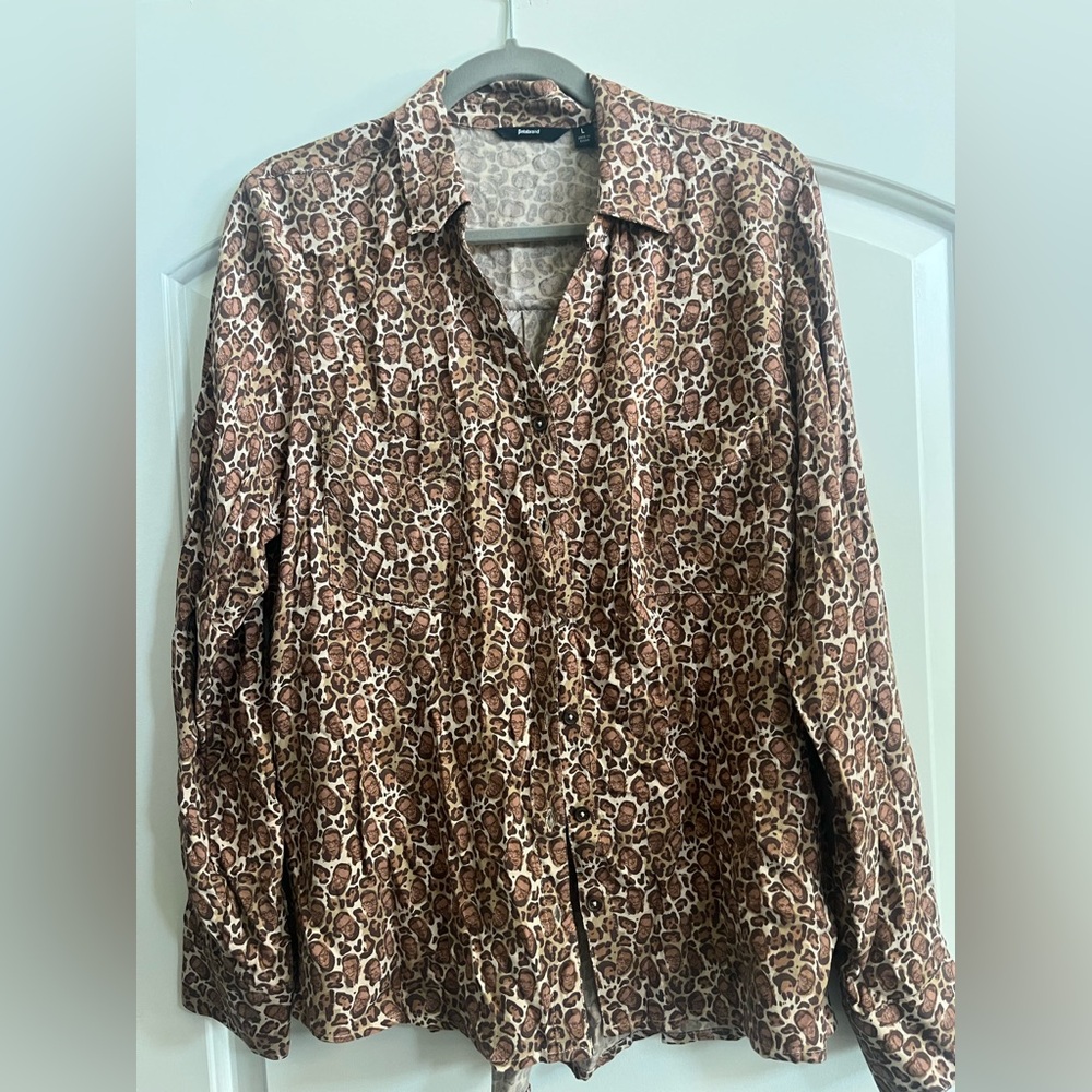 Betabrand Brown Button Down Shirt with Animal Print